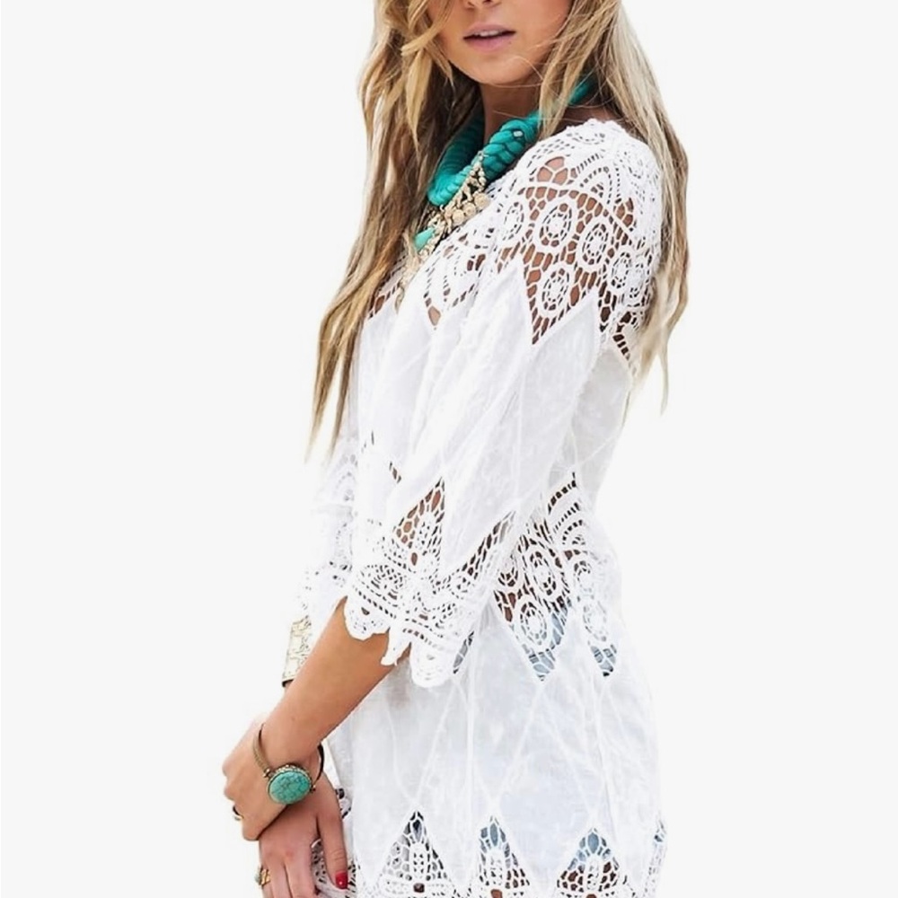 White Crochet Lace Swim Cover-Up Dress